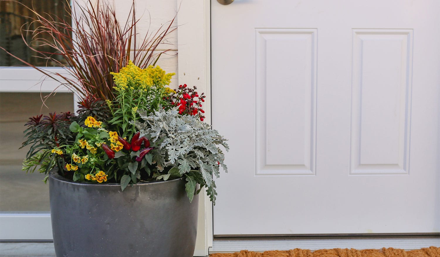 Photo of a black planter on a front porch filled with fall annuals and perennials