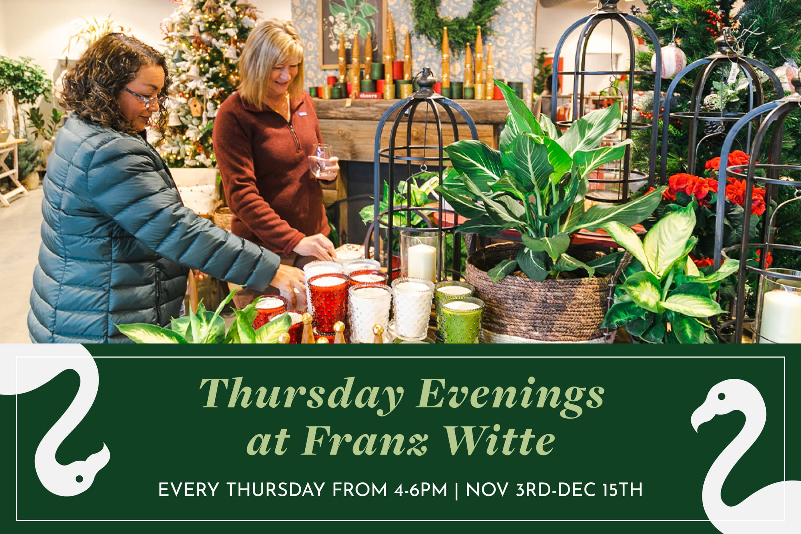 Photo of two ladies shopping in Franz Witte garden center. Text states, "Thursday Evenings at Franz Witte every Thursday from 4 PM - 6 PM November 3 - December 15"